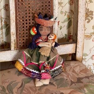 HANDMADE South American antique or vintage doll holding a baby